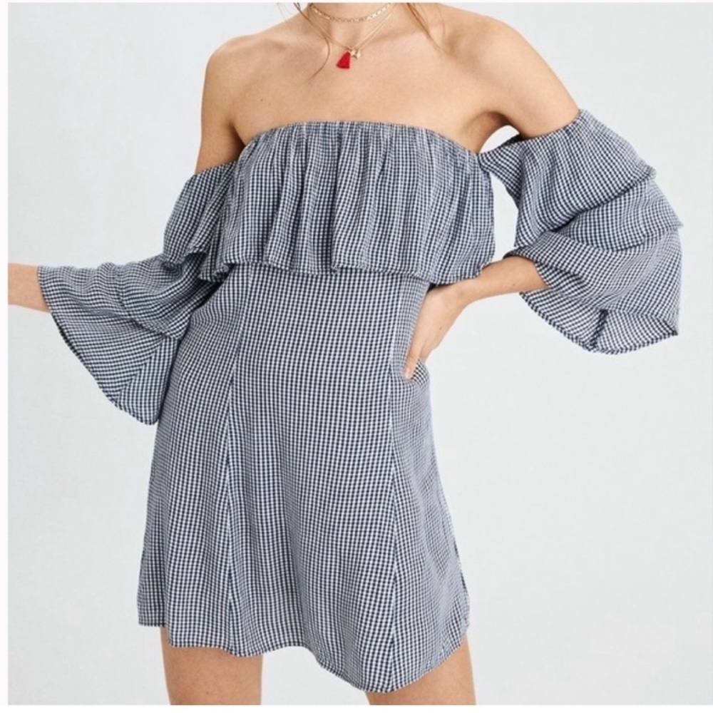 AMERICAN EAGLE Navy Blue Gingham Print Off The Shoulder Mini Dress